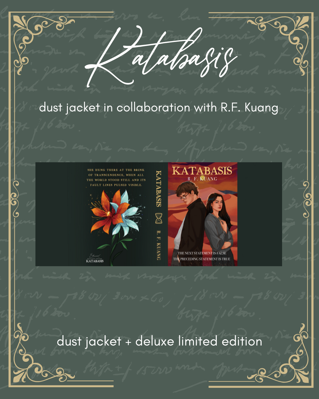 Katabasis book cover with decorative elements and text about collaboration with R.F. Kuang.